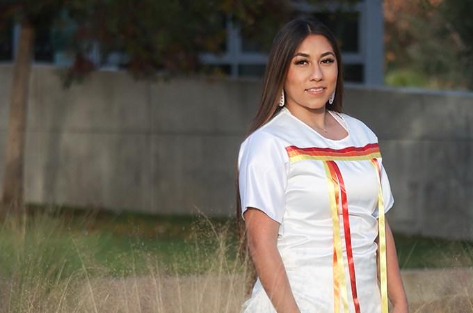 Transfer student Rebecca Aguirre Rios ’23 finds her home at University of Redlands, where she is a Communication Sciences and Disorders major and president of the Native American Student Union. (Photo by Carlos Puma)